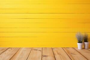 AI generated yellow blurry with wooden planks product background photo