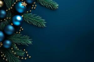 AI generated christmas holidays composition of fir tree branches with baubles and copy space photo