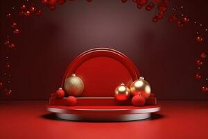 AI generated merry Christmas 3d rendered red Podium display for event photo