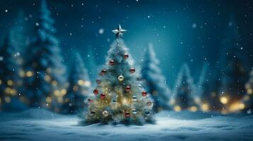 Christmas tree in snowy forest with gifts. Winter holiday background photo