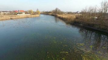 River eric current in the village in the spring. Shallow river, slowly flowing in the village. photo