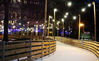 a walkway sketch with lights and benches at night snow in winter photo
