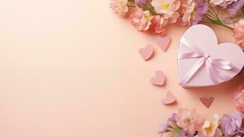 AI generated Happy Valentines day Pink Heart giftbox with flower, top view, copyspace, daytime, pastel old rose background photo