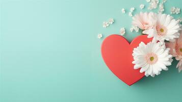AI generated Red Heart giftbox and white daisy flower, top view, copyspace, daytime, Pastel turquoise green background photo