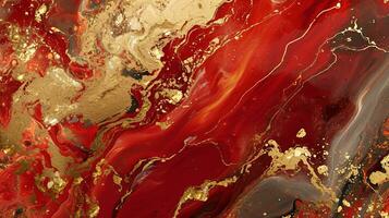 AI generated Suminagashi in abstract style on red background. Gold marbled texture. photo