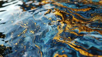 AI generated Abstract blue liquid marble background with shiny glitter. Gold marbled texture. photo