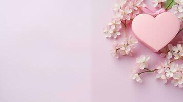 AI generated Happy Valentines day Pink Heart giftbox with white sakura flower, top view, copyspace, daytime, pastel pink background photo