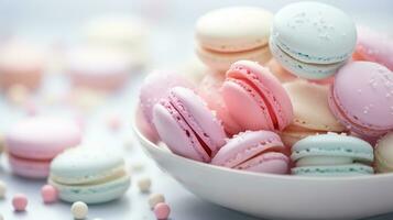 ai generado vistoso de cerca francés macarons en plato con borroso antecedentes y rosario variedad de pastel color. dulce y postre, vistoso francés postres bandera con espacio de copia. generado ai foto