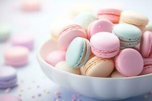 ai generado vistoso de cerca francés macarons en plato con borroso antecedentes y rosario variedad de pastel color. dulce y postre, vistoso francés postres bandera con espacio de copia. generado ai foto