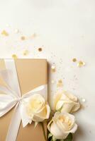 AI generated gift box with white roses and gold confetti on white background photo