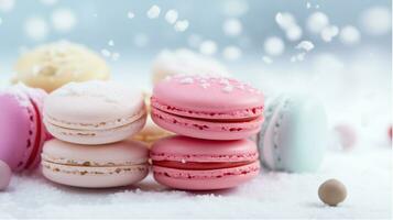 ai generado variedad pastel color de cerca francés macarons en borroso antecedentes y rosario, Formación de hielo dulce y postre, vistoso francés postres bandera con espacio de copia. generado ai foto