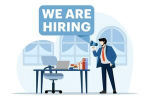 Recruitment open vacancy concept. We are recruiting to join. businessman using megaphone to search for job candidates, vector illustration isolated on white background.