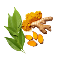 AI generated Fresh turmeric with leaves png isolated on transparent background