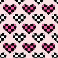Seamless Pattern with Hearts in chessboard in emo style. Y2k. Black, white and pink. Vector flat illustration.
