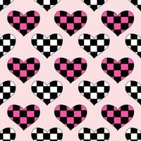 Seamless Pattern with Hearts in chessboard in emo style. Y2k. Black, white and pink. Vector flat illustration.