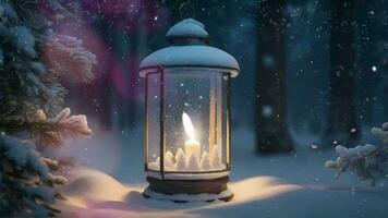 AI generated a lantern lit in the snow with snow falling video