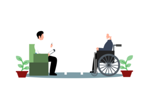 un anziano uomo nel un' sedia a rotelle parlando per un' medico png