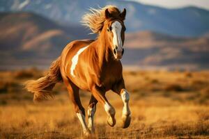 ai generado realce el movimiento de un Galopando caballo corriendo libremente a través de un abierto campo foto