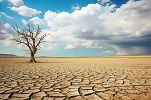 AI generated Dry tree among desert parched soil under cloudy skyDry tree among desert parched soil under cloudy sky photo