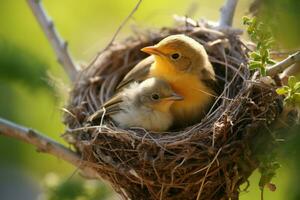 AI generated Highlight the tender moment a mother bird watches over her chicks photo