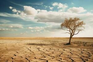 AI generated Dry tree among desert parched soil under cloudy skyDry tree among desert parched soil under cloudy sky photo