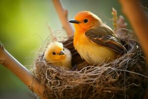 AI generated Highlight the tender moment a mother bird watches over her chicks photo