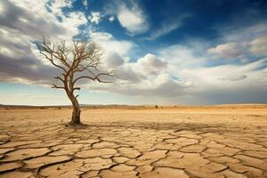 AI generated Dry tree among desert parched soil under cloudy skyDry tree among desert parched soil under cloudy sky photo