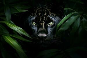 AI generated Capture of powerful panther camouflaged in the shadows of a dense jungle photo