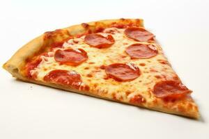 ai generado un rebanada de pepperoni Pizza en un blanco antecedentes foto