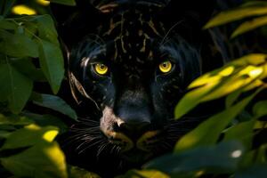 AI generated Capture of powerful panther camouflaged in the shadows of a dense jungle photo