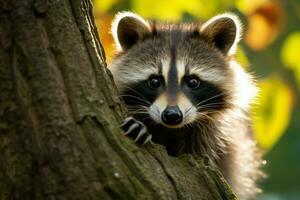 ai generado escaparate un de cerca de un curioso mapache mirando fuera desde detrás un árbol foto