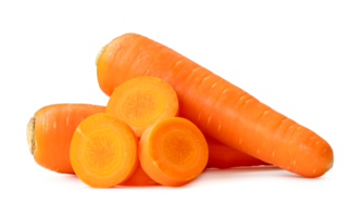 Two fresh beautiful orange carrots with slices in stack isolated with clipping path and shadow in png file format