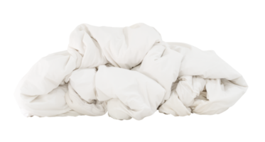 White crumpled blanket or bedclothes in hotel room leaved untidy and dirty after guest's use over night isolated with clipping path in png file format