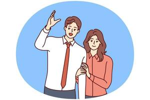 Man raising hand wanting to be noticed and modest smiling woman standing behind. Vector image