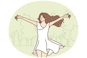 Happy woman runs through park in white flowing dress and enjoys warm summer weather. Vector image