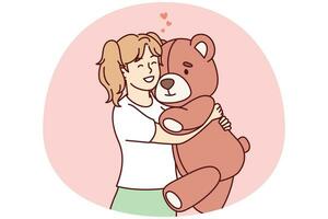 Little girl hugs big favorite soft toy and smiles feeling affection of plush bear. Vector image