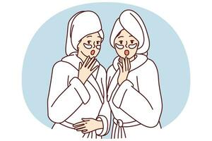 Shocked women dressed in white shower robes with towels on wet hair opening mouths. Vector image