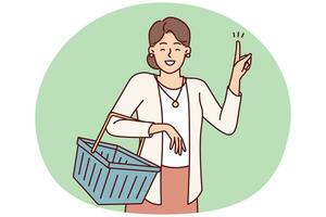 Positive woman with grocery shopping cart showing finger up after coming up with idea. Vector image