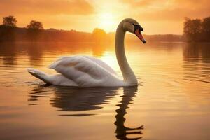 AI generated Photograph a graceful swan gliding across a tranquil lake at sunset photo