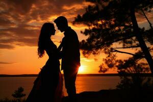 AI generated A silhouette of a couple embracing against the backdrop of a beautiful sunset photo