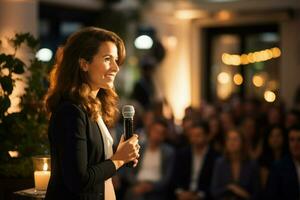 AI generated A woman delivering an inspiring speech at a corporate event photo