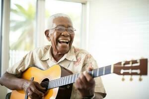 AI generated An smilling older person play a guitar photo