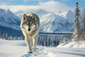 ai generado marco un maravilloso imagen de un solitario lobo atravesando un cubierto de nieve paisaje foto