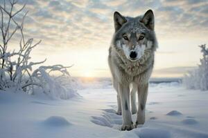 ai generado marco un maravilloso imagen de un solitario lobo atravesando un cubierto de nieve paisaje foto