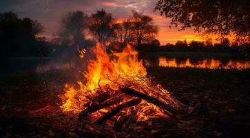 AI generated bonfire in the forest, bonfire background, bonfire in the park, fire background photo