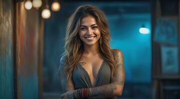 ai generado retrato de un mujer con un cuerpo lleno de artístico tatuajes foto