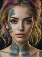 ai generado retrato de un mujer con un cuerpo lleno de artístico tatuajes foto