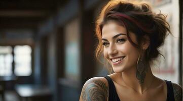 ai generado retrato de un mujer con un cuerpo lleno de artístico tatuajes foto