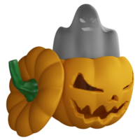 Ghost show up from pumpkin clipart flat design icon isolated on transparent background, 3D render Halloween concept png