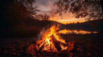 AI generated bonfire in the forest, bonfire background, bonfire in the park, fire background photo